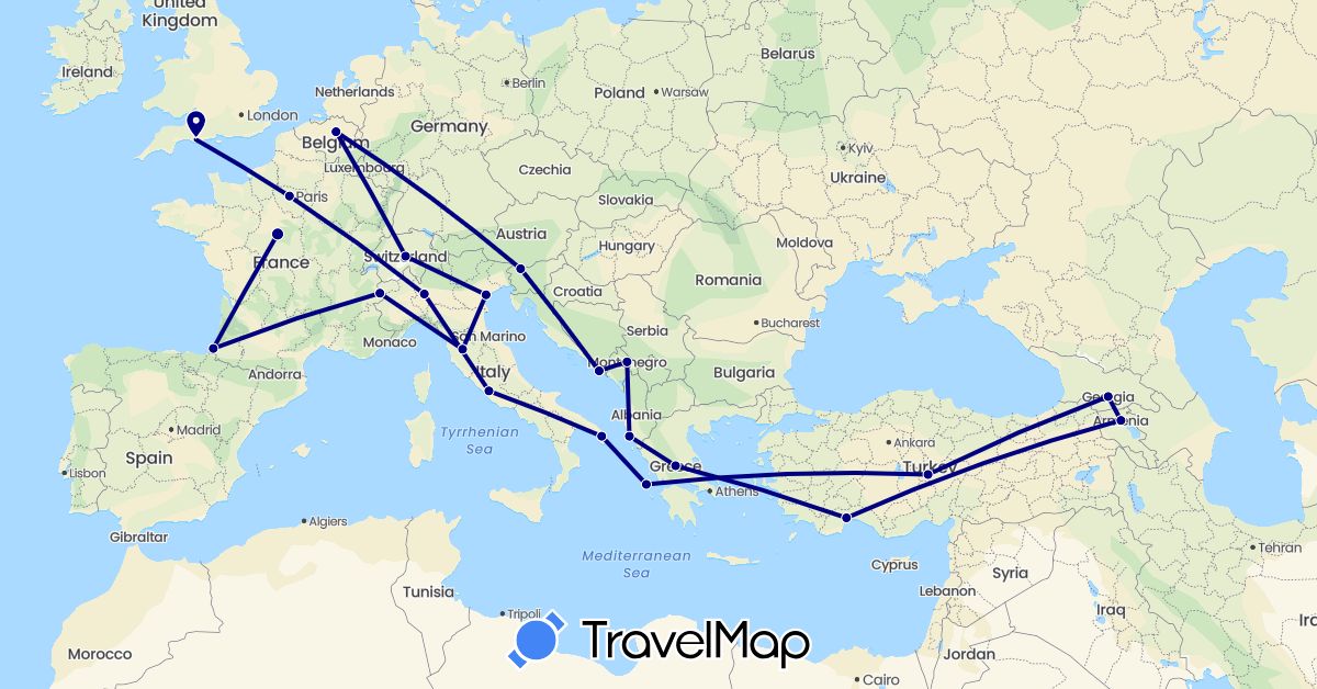 TravelMap itinerary: driving in Albania, Armenia, Belgium, Switzerland, France, United Kingdom, Georgia, Greece, Croatia, Italy, Montenegro, Slovenia, Turkey (Asia, Europe)